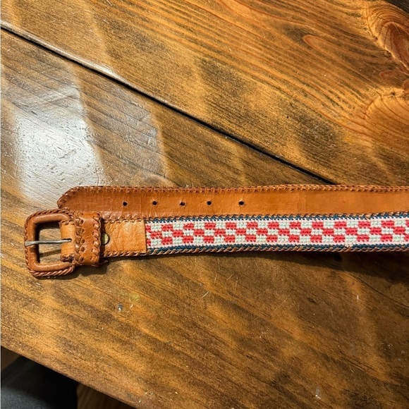 Vintage Leather & Woven Multicolor Cotton Belt Size 32 Hand Tooled - Picture 1 of 8